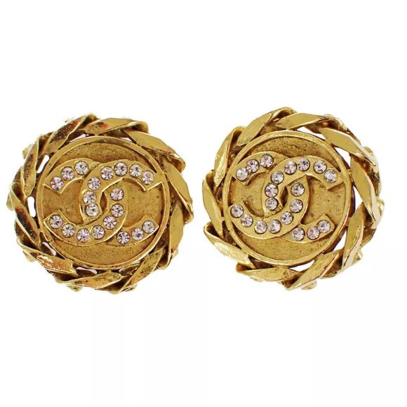 Auth CHANEL CC Logo Round Button Earrings 23 Rhinestone Clip-On GHW Vintage - Picture 1 of 9